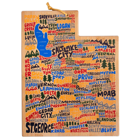 Totally Bamboo Utah State Shaped Cutting and Serving Board with Artwork by Wander on Words™