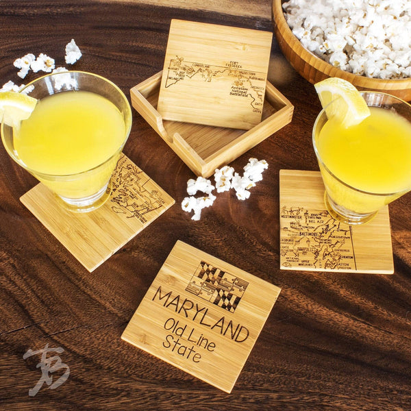 Maryland State Puzzle 4 Piece Bamboo Coaster Set with Case Totally Bamboo