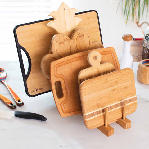 Bamboo rack holding a variety of cutting boards