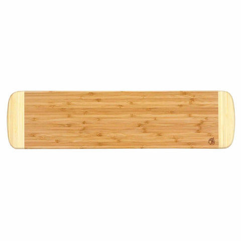 Back side of bamboo bread board with engraved Totally Bamboo logo