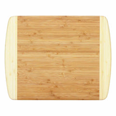 The Kauai Cutting Board by Totally Bamboo, measuring 14-1/2" x 11-1/2", is made from caramelized bamboo and features slightly rounded edges with a smooth, light brown surface. Its visible wood grain adds natural texture, showcasing the beauty of Moso bamboo.