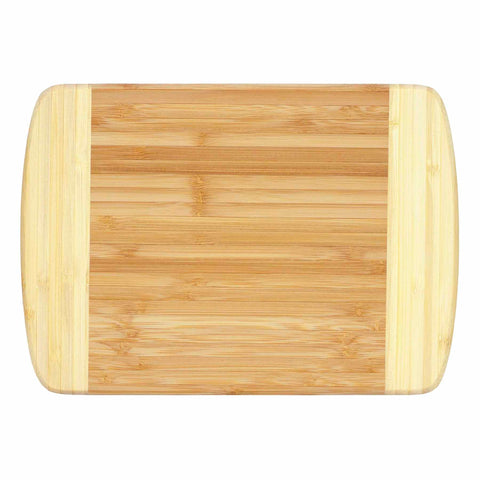 The Hana Cutting Board by Totally Bamboo measures 10" x 7-1/8" and is crafted from rectangular Moso bamboo. It features rounded corners and a natural wood grain texture, enhanced by two lighter wood strips along the shorter sides, which add an elegant touch to its robust design.