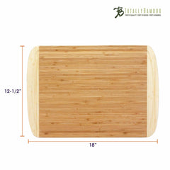 This sturdy rectangular bamboo cutting board, known as the "Kona Groove Carving Board," measures 18 inches by 12.5 inches. Ideal for kitchen preparation, it displays the "Totally Bamboo" brand elegantly in the top right corner of the image.