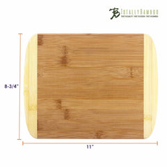 This 2-Tone Cutting Board from Totally Bamboo is made from Moso bamboo and measures 11 inches by 8-3/4 inches with rounded edges. It’s an ideal addition to any kitchen and features the "Totally Bamboo" logo in the top right corner.