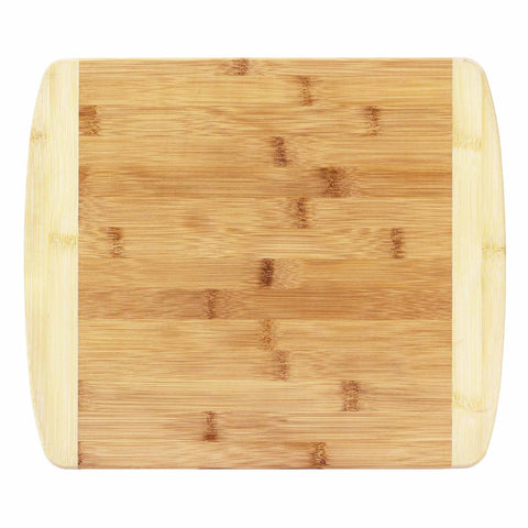 The Totally Bamboo 2-Tone Cutting Board, measuring 13-1/2" x 11-1/2", features a light brown color and slightly rounded edges. The grain of the Moso bamboo is visible, with two narrower, lighter-colored strips on either side. Perfect for any kitchen setting, it offers functionality combined with natural elegance.