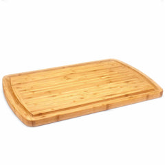 The Malibu Groove Carving Board by Totally Bamboo, measuring 18" x 12", features a rectangular shape with a smooth surface and slightly rounded edges, making it perfect for kitchen prep, all set against a white background.