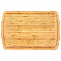 The Malibu Groove Carving Board, measuring 18" x 12" from Totally Bamboo, is displayed on a white background. This kitchen prep essential features an extra-large bamboo surface with rounded edges and a natural wood grain pattern.