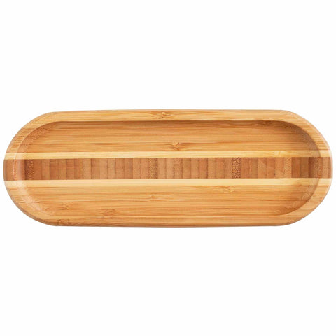 Introducing the Catch-All Spoon Rest by Totally Bamboo, a beautifully crafted piece made from Moso Bamboo. It features an elongated oval shape with a natural bamboo pattern complemented by two lighter lengthwise stripes. Its slightly raised edges are perfect for keeping utensils neatly organized. Measuring 10" x 3-1/2", this elegant spoon rest is ideal for any kitchen setting.