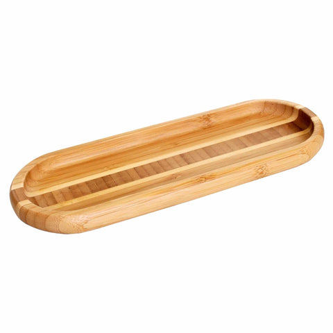 The Catch-All Spoon Rest by Totally Bamboo, measuring 10" x 3-1/2", is an elegantly designed long, oval wooden tray featuring a flat base and slightly raised, rounded edges, making it perfect for use as a utensil holder. Its striped pattern of alternating light and dark natural tones highlights the beauty of Moso Bamboo.