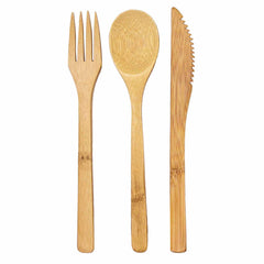 The Totally Bamboo 3-Piece Reusable Bamboo Flatware Set, featuring a fork, spoon, and serrated knife arranged vertically on a white background, exemplifies eco-friendly flatware with sustainable style.