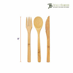 A vertically arranged 3-Piece Reusable Bamboo Flatware Set, which includes a fork, spoon, and serrated knife. An 8-inch scale line is positioned next to the flatware. The logo of Totally Bamboo is featured in the top right corner.