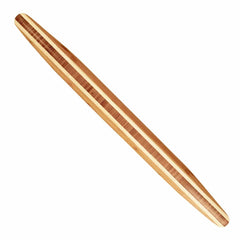 The Totally Bamboo Tapered Rolling Pin, measuring 20-1/2" x 1-3/4", is an elegant kitchen tool crafted from durable wood. It showcases a striking pattern of light and dark stripes, and its sleek tapered design enhances both functionality and aesthetic appeal in any kitchen setting.