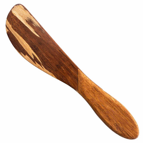 The Totally Bamboo 2-Tone Bamboo Spreading Knife, 8", features a smooth, ergonomic handle and a tapered, flat spreading edge, making it perfect for charcuterie boards. Its natural wood grain pattern enhances both beauty and functionality.