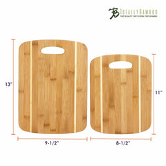 Displayed are two cutting boards from the "2-Piece Striped Bamboo Cutting Board Set" by Totally Bamboo. The larger board measures 13x9.5 inches, while the smaller one is sized at 11x8.5 inches. Both feature sleek rounded edges, convenient handle cutouts at the top, and prominently showcase the "Totally Bamboo" logo in the upper right corner.