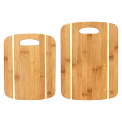 The 2-Piece Striped Bamboo Cutting Board Set by Totally Bamboo is a perfect kitchen accessory duo, featuring smooth finishes and rounded corners. The smaller bamboo cutting board on the left and the larger one with light wood grain patterns both have carved handle slots at the top for easy gripping.