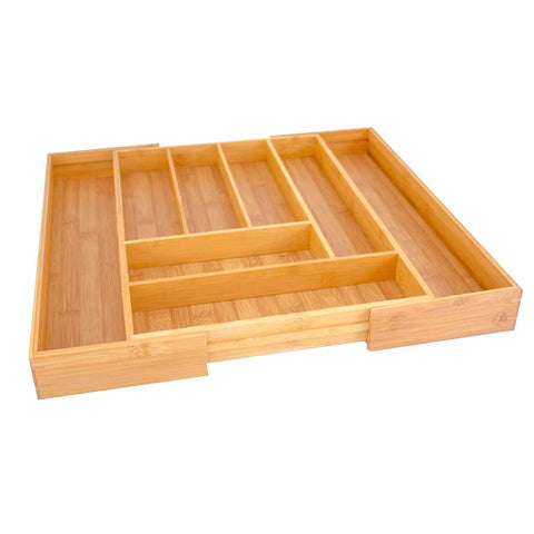 The Totally Bamboo Expandable Flatware Drawer Organizer includes bamboo dividers and multiple compartments for utensil and cutlery storage. This adjustable organizer offers versatile solutions to maintain a tidy and organized kitchen.