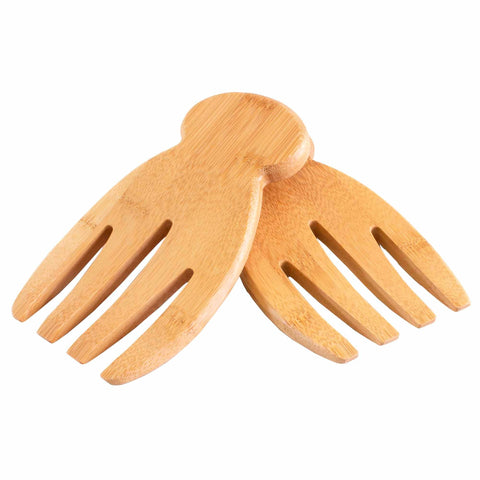 The Salad Hands Salad Serving Set by Totally Bamboo includes two wooden salad hands, showcasing a natural finish as they are elegantly overlapping on a white background. Each piece, expertly crafted from sleek Moso bamboo, features three prongs ideal for tossing and serving your favorite salads.