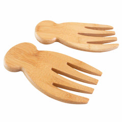 The Salad Hands Salad Serving Set by Totally Bamboo includes two salad claws shaped like bear paws. Made from light-colored Moso bamboo, each claw features a wide handle and three prongs, ideal for tossing and serving your favorite salads.