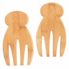 The Salad Hands Salad Serving Set by Totally Bamboo features two hands crafted from Moso bamboo, offering wide, rounded handles and three prongs. Their light-colored wood reveals visible grain patterns, enhancing their natural appeal. Positioned side by side on a white background, they make an ideal set for serving salad.