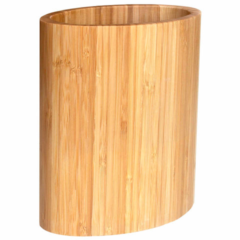 A tall, oval-shaped wastebasket crafted from Moso bamboo, featuring a smooth, natural finish. The vertical grain enhances the texture of the surface, drawing a comparison to the simple and elegant design of the Oval-Shaped Bamboo Kitchen Utensil Holder by Totally Bamboo.