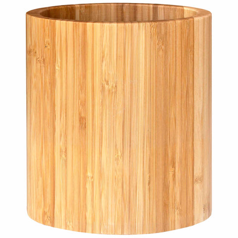 The Oval-Shaped Bamboo Kitchen Utensil Holder by Totally Bamboo showcases a sleek design with vertical grain patterns. Crafted from light-colored bamboo, it stands gracefully against a plain white background, blending practicality with natural elegance.