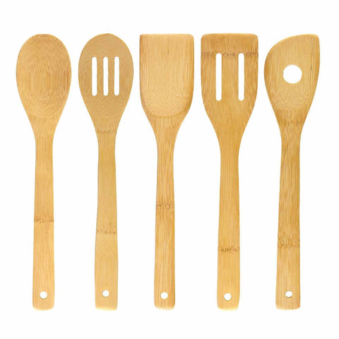 The Totally Bamboo 5-Piece Bamboo Cooking Utensil Set includes a solid spoon, slotted spoon, flat spatula, slotted spatula, and a spoon with a hole. These utensils are perfect for non-stick cookware and feature small handle holes for convenient hanging.