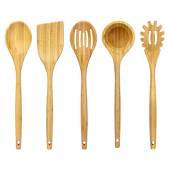 Five Totally Bamboo Lambootensil kitchen utensils, including a spoon, spatula, slotted spoon, ladle, and pasta server, are arranged vertically. Each is crafted from Moso bamboo and showcases a smooth natural wood finish with a small hole at the handle's end—ideal for complementing your nonstick cookware collection.