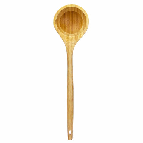 The "Lambootensil" Ladle by Totally Bamboo is a 14-inch wooden spoon made from Moso bamboo, featuring a round, deep bowl and a long handle ideal for cooking or serving. Its visible wood grain enhances its natural look, making it both a stylish and durable addition for any kitchen task.