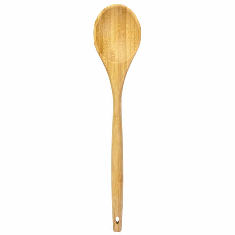 The "Lambootensil" Cooking Spoon by Totally Bamboo is a 14-inch utensil crafted from light-colored wood with a smooth finish. It features a rounded bowl and long handle with a small hole at the end, designed to be safe for nonstick cookware. This elegant bamboo spoon is beautifully displayed against a white background.