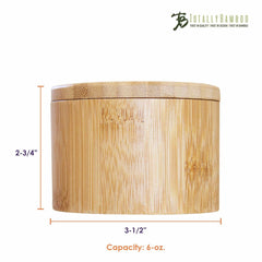 Featured is a Totally Bamboo salt cellar, perfect for seasoning storage, with a swivel lid design. This round bamboo container measures 3-1/2 inches in diameter and 2-3/4 inches in height, accommodating up to 6 ounces. The Totally Bamboo logo is prominently displayed in the top right corner.