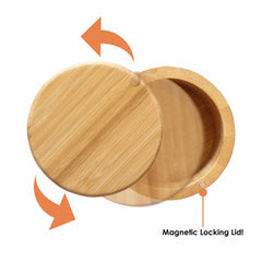 Image of a round wooden salt cellar from Totally Bamboo, perfect for storing seasonings, featuring a swivel lid. The lid is marked with arrows showing the rotating motion for easy opening and closing. Text highlights "Magnetic Locking Lid!" to emphasize the convenient magnetic closure on this 6-oz capacity container.