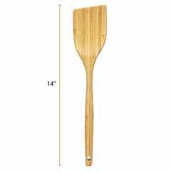 Introducing the "Lambootensil" Spatula by Totally Bamboo, a 14-inch kitchen tool meticulously crafted from durable Moso bamboo. Featuring a flat, slightly angled head and an extended handle, it is ideal for use with nonstick cookware. For added convenience, the handle includes a hole for easy hanging.