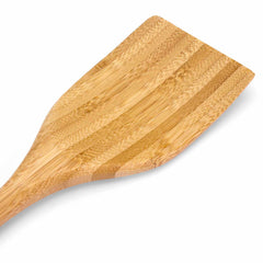 A detailed image of the "Lambootensil" Spatula by Totally Bamboo, measuring 14 inches, shows a flat, rectangular head made from Moso bamboo. The spatula's smooth wood grain texture is ideal for use with nonstick cookware.