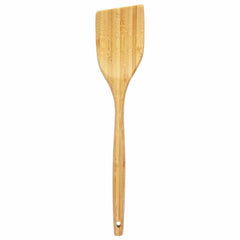 Introducing the 14" Lambootensil Spatula by Totally Bamboo, expertly crafted from Moso bamboo. This light brown spatula features a flat rectangular head and a long, smooth handle that highlights its beautiful wood grain patterns. It also includes a convenient hole for hanging, making it the perfect addition to your nonstick cookware collection.