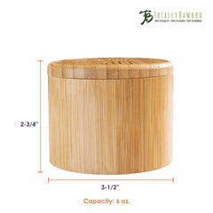 This "Grain of Salt" engraved salt cellar from Totally Bamboo features a round bamboo design with a swiveling lid, measuring 3.5 inches in diameter and 2.75 inches in height. With its 6-ounce capacity, it is ideal for storing your kitchen treasures.