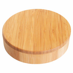 Crafted from Moso bamboo, this round, smooth container from Totally Bamboo features a snug-fitting lid and displays natural wood grains that give it a light brown look. It serves as an ideal storage or organizational solution, reminiscent of the "Barkeeper's Salt Box" Margarita Glass Rimmer.