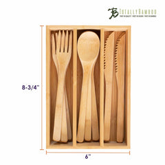 Explore the 12-piece reusable bamboo flatware set with a storage case. This eco-friendly collection includes utensils, such as forks, spoons, and knives, all crafted from premium Moso Bamboo. The Totally Bamboo brand logo is elegantly placed in the top right corner of the sleek wooden box, which measures 8-3/4 by 6 inches for convenient storage.