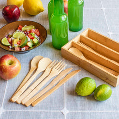 A table showcasing eco-friendly dining options includes a Totally Bamboo 12-piece reusable bamboo flatware set with a storage case, three green bottles, and a salad bowl featuring tomatoes, cucumbers, onions, and lime slices. Complementing the display are two whole limes, two lemons, and an apple placed on a textured cloth.