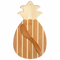 The Pineapple Serving Board with Spreader Knife Gift Set by Totally Bamboo showcases a tropical flair with its vertical light and dark striped wooden design. It includes an elegantly placed matching bamboo spreader knife on top.