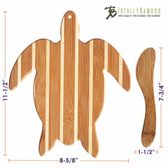 The Sea Turtle Serving Board with Spreader Knife Gift Set features a turtle-shaped bamboo cutting board measuring 11-1/2 inches by 8-5/8 inches and includes a curved bamboo spreader knife. Add charm to your table presentation with this delightful "Totally Bamboo" branded item in the top right corner.