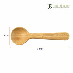 The "Totally Bamboo" Coffee Scoop with Built-In Bag Clip, crafted from Moso Bamboo, features a wide and shallow scoop with dimensions of 2-3/8 inches in width and an overall length of 7-5/8 inches. This short-handled spoon is perfect as a coffee scoop, and proudly displays the "Totally Bamboo" logo in the top right corner.