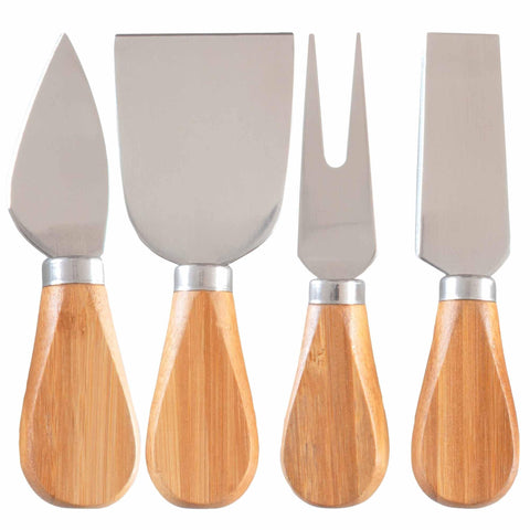 The 4-Piece Cheese Knife Set by Totally Bamboo showcases four distinct types with stainless steel blades and bamboo handles: a pointed knife, a flat blade, a fork, and a chisel blade. Set vertically against a plain white background, these knives seamlessly blend functionality with style.