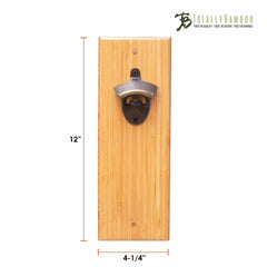 Introducing the Wall-Mounted Bottle Opener with Magnetic Cap Catcher by Totally Bamboo. This 12-inch tall and 4-1/4-inch wide accessory features a sturdy metal opener affixed to a rectangular bamboo backplate. The esteemed Totally Bamboo logo is elegantly displayed at the top right corner.