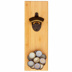 The Wall-Mounted Bottle Opener with Magnetic Cap Catcher by Totally Bamboo is a vertical wooden plaque that includes an easy mount design. It features a wall-mounted bottle opener and a recessed section below that effortlessly collects several bottle caps using its magnetic cap catcher.