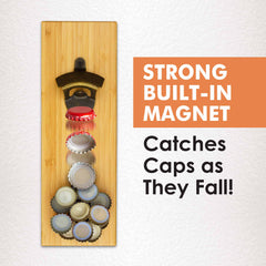 The Wall-Mounted Bottle Opener with Magnetic Cap Catcher by Totally Bamboo is crafted with a sturdy design and includes a magnetic cap catcher that seamlessly gathers metal bottle caps as they drop. The inscription confidently declares: "STRONG BUILT-IN MAGNET Catches Caps as They Fall!