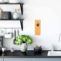 A contemporary kitchen with light blue cabinets and a black countertop showcases a plant in an ornate pot, alongside a bowl and small sculpture. Open shelves display various kitchen essentials, while the Totally Bamboo Wall-Mounted Bottle Opener with Magnetic Cap Catcher is prominently featured on the wall.