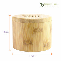 The "Salt Shaker" Engraved Salt Cellar is a cylindrical bamboo container with a magnetic lock and swiveling lid. It stands 2 and 3/4 inches tall and has a diameter of 3 and 1/2 inches, featuring the Totally Bamboo logo in the top right corner.