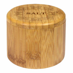 The "Celtic Knot" Engraved Salt Cellar by Totally Bamboo offers a timeless charm with its round wooden design and magnetic lock for secure closure. It features the word "SALT" engraved on the lid, surrounded by a decorative Celtic knot pattern, and has a 6-ounce capacity.