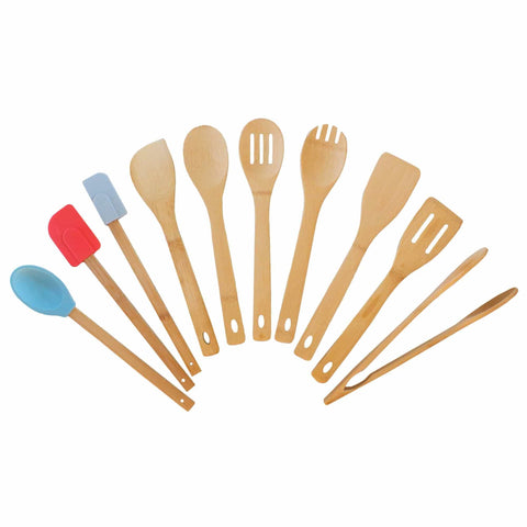 The TB Home® 10-Piece Cooking Utensil Set by Totally Bamboo features a lineup of nonstick cookware-safe kitchen utensils, including wooden spoons, spatulas, a pasta server, and tongs. It also comes with two vibrant silicone spatulas in red and blue.