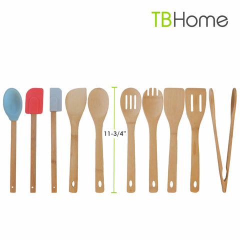 Totally Bamboo offers the TB Home® 10-Piece Cooking Utensil Set that includes wooden spoons, spatulas, and tongs. The set also features two silicone spatulas in blue and red to protect your nonstick cookware from scratches. The wooden utensils measure 11-3/4 inches in length.